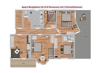 Skizze Bergleben 6-8 Personen mit 3 Schlafräumen
