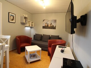 Der Wohnbereich: Fernseher mit integriertem DVD-Player.
