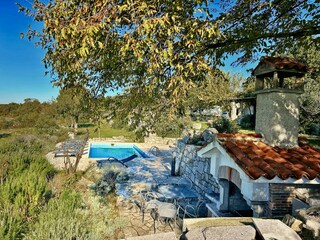 Garden, pool and fireplace