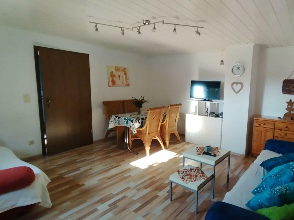 Wohnzimmer mit Schlafcouch, Essecke  u. Fernseher