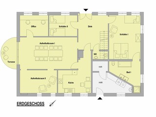 Grundriss vom Erdgeschoss, Schlafen 1 = 4 Betten