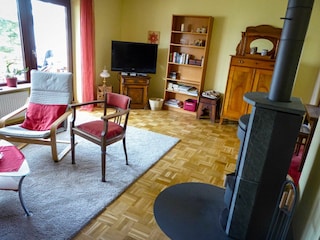 Wohnzimmer mit Kamin und TV