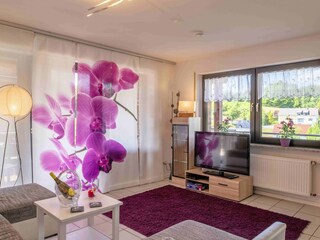 Wohnraum mit TV und 2 Zugängen zum  Panoramabalkon