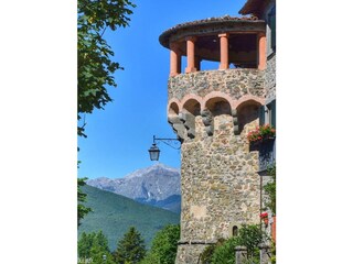 Medieval village with famous mountains