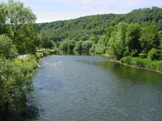 Blick auf den Fluss von der Brücke in Frankenroda