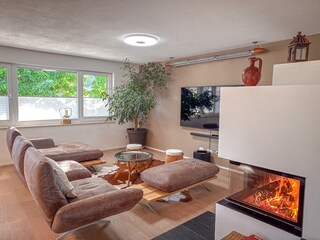 Wohnzimmer, Ledercouch, Kamin, Bose Soundsystem
