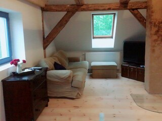 offene Sofaecke mit Fernseher gegenüber Schlafbereich