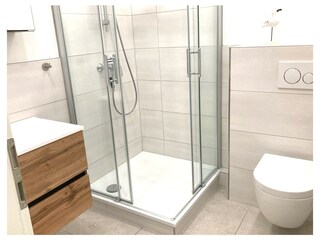 Das moderne Bad mit Dusche und WC.