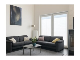 Modernes Wohnzimmer mit Kamin, zwei Sofas