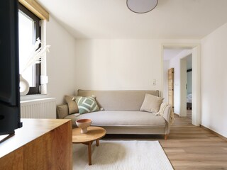 Wohnzimmer mit Schlafcouch und Smart TV