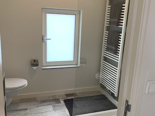 Das Badezimmer mit Waschbecken, Toilette und Regendusch