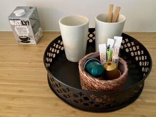 Your stay includes coffee, tea, and oat milk