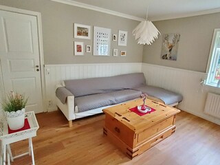 Wohnzimmer mit Kamin und deutschem Sat-TV