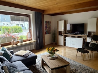 Wohnzimmer mit Sofa, welches als weiteres Bett genutzt