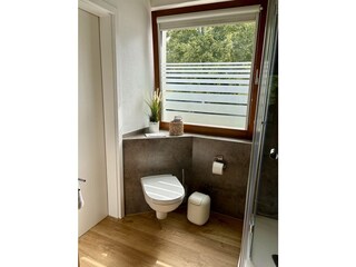 Großes Badezimmer mit WC, ebenerdiger Dusche.