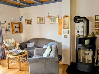 View of the sitting area and wood-fired stove