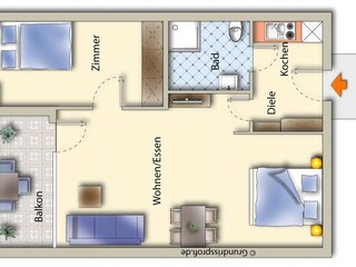 Grundriss des Appartements 229 für bis zu 4 Persomen