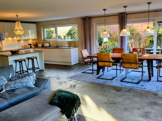 Wohn-, Koch- und Essbereich auf großer Wohnfläche.