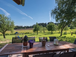 Blick in den Garten - im Hintergrund Spielplatz