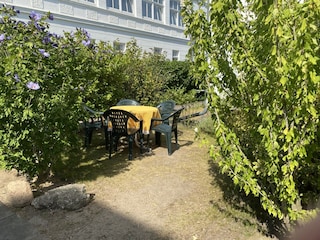 Schön eingewachsene Sitzgelegenheit im Garten