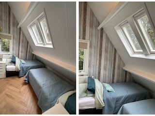 Bedroom with two box spring beds (90 × 200 cm).