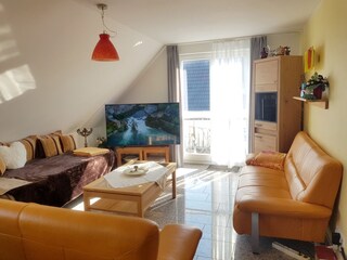 Wohnzimmer mit Zugang zum Balkon und 65 Zoll Smart-TV