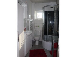 Bad mit Wellnessdusche, WC mit integriertem Kindersitz.