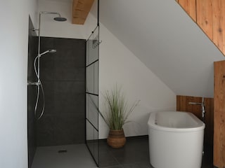 Hofgut-Badezimmer mit Dusche und Badewanne