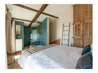 The Turquoise Ostrich Room and its Bathroom