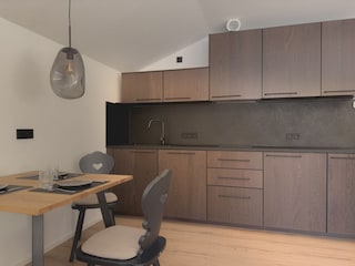 Küchenzeile mit Herd, Kühlschrank und Geschirrspüler