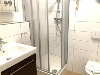 Das moderne Bad mit Dusche und WC.