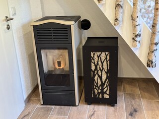 Pellet stove with room air ducting for the bathroom