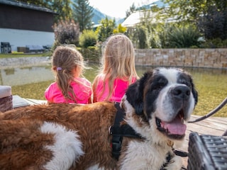 Bernhardiner mit Kinder am Teich
