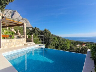 Der Pool mit Sonnenliegen und Meerblick