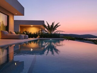 Villa D9 at night offering comfy sun loungers on Pašman