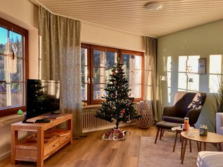 lichtdurchflutetes Wohnzimmer mit Smart TV