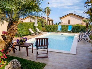 Pool with palms and sun loungers