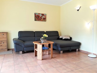 Vom Wohnzimmer geht es auf die große südseitige Terrass