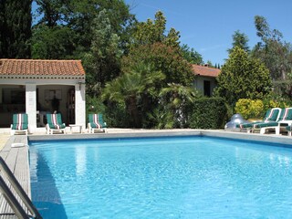 Our Pool, sunchairs and poolhouse