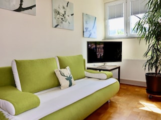 Bright room with sofa, TV and comfortable seating area