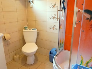 Badezimmer mit Dusche, WC und Waschbecken.