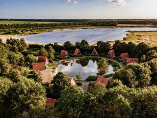 Aerial view of the fishing village around the pond