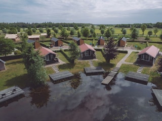 Aerial view of the fishing village around the pond