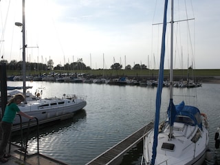 Einen Blick über den Hafen bei Flut