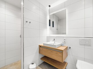 Badezimmer mit ebenerdiger Dusche im Erdgeschoss