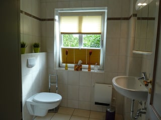Modernes Bad mit Dusche, WC, Waschbecken, Außenfenster