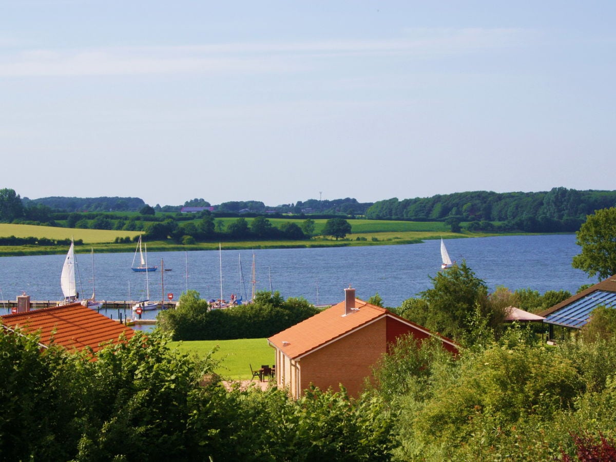 Blick auf das Ferienhaus und die Schlei