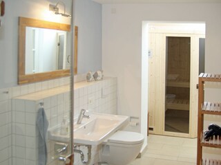 Ground-floor bathroom with floor-level shower and sauna