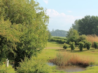 Hinter dem Teich eine Boule-Bahn