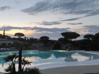 Pool mit Palmen in der Abenddämmerung